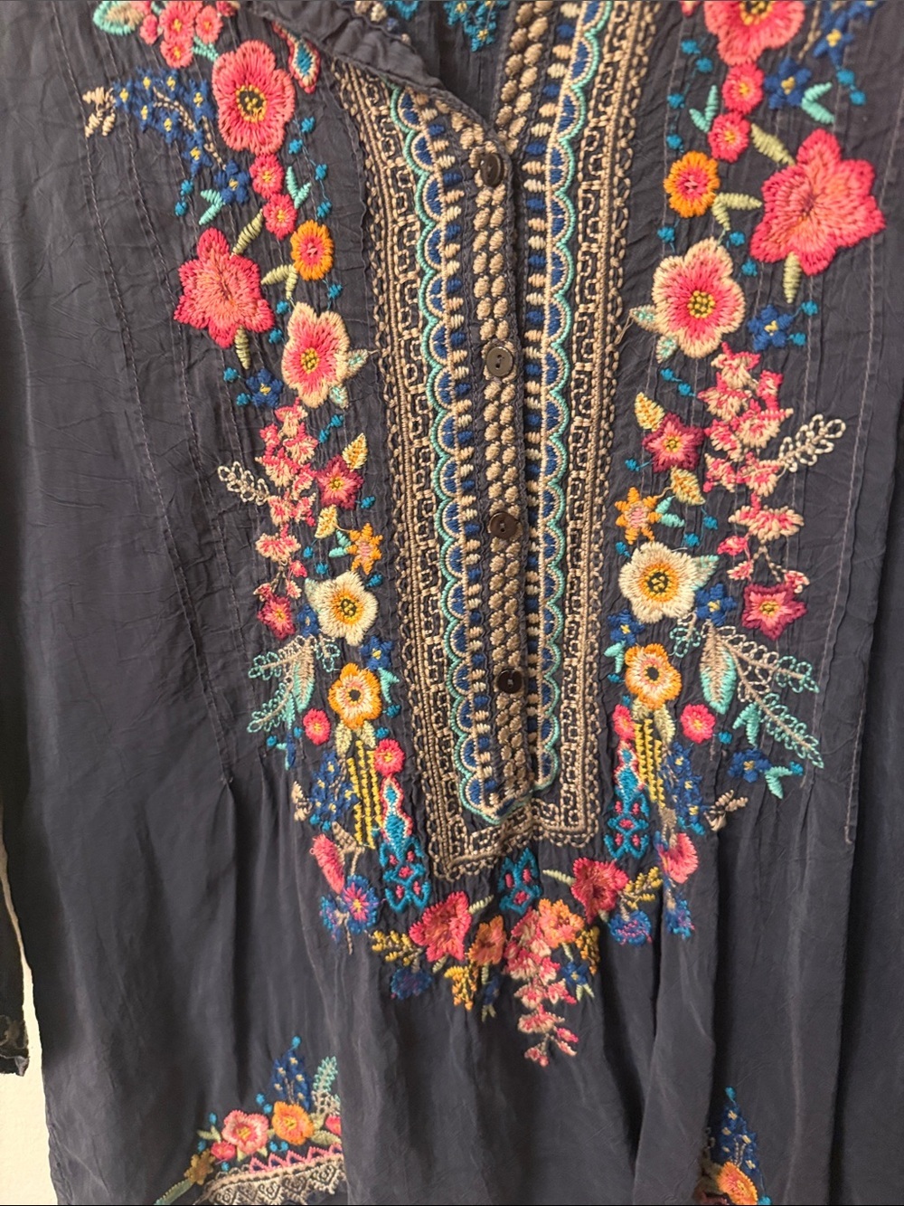 Johnny Was Navy Embroidered Boho Tunic with Multicolor Floral Detail - Picture 3 of 10